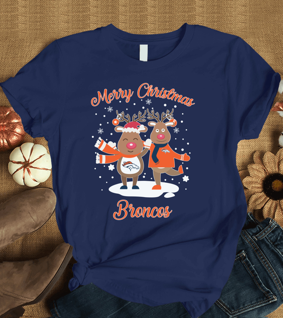 Merry Christmas Broncos Reindeer Snowflakes T-Shirt