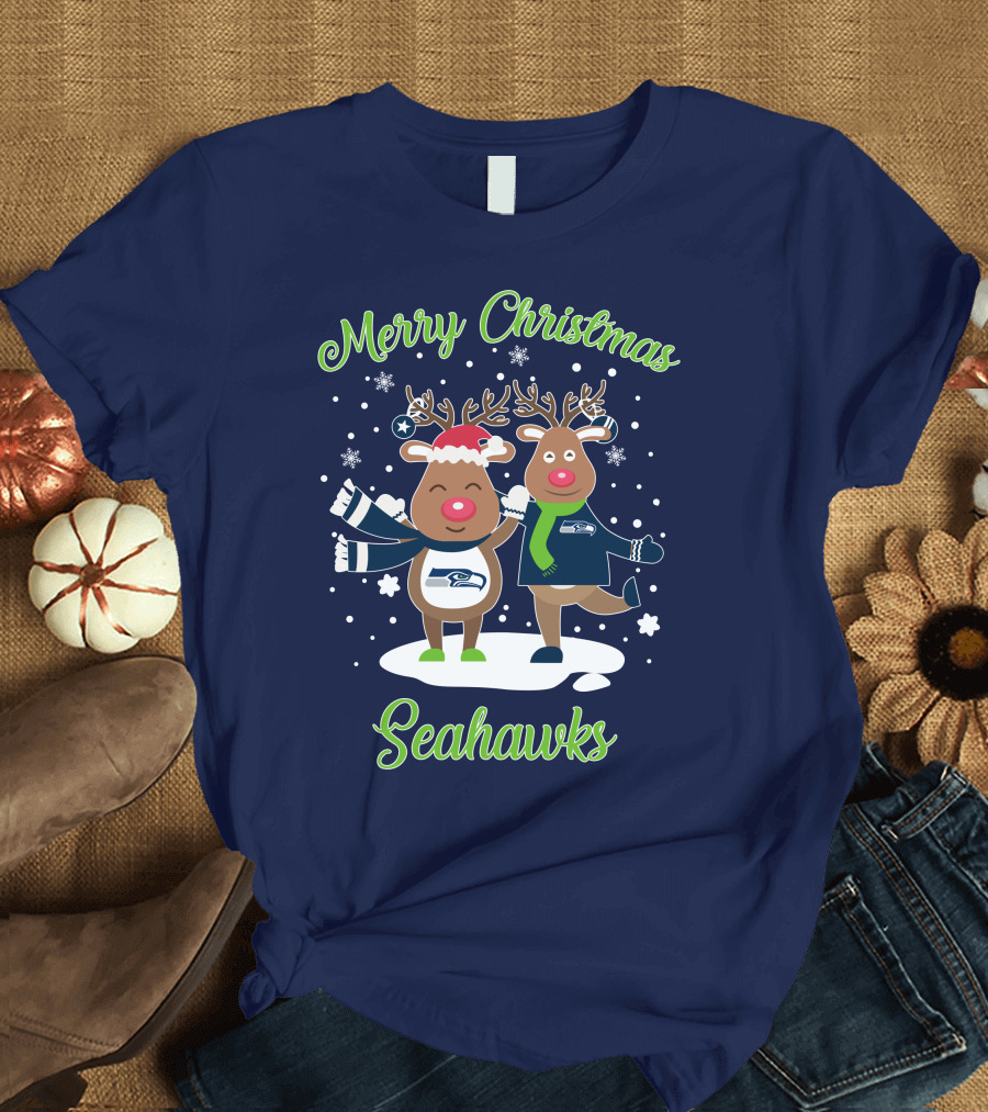 Merry Christmas Seattle Seahawks Reindeer Sweater Festive T-Shirt