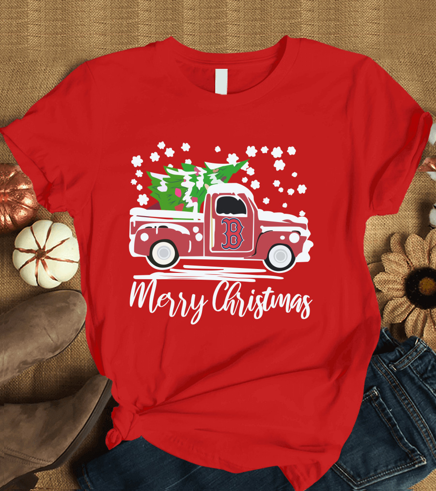 Boston Red Sox B Vintage Car Merry Christmas Tree Snowflakes T-Shirt