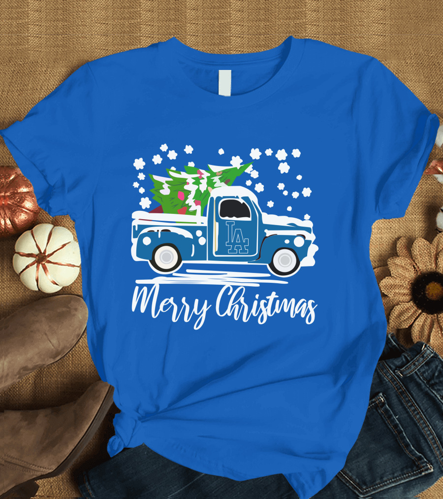 Los Angeles Dodgers LA Vintage Car Merry Christmas Snowflakes Tree T-Shirt