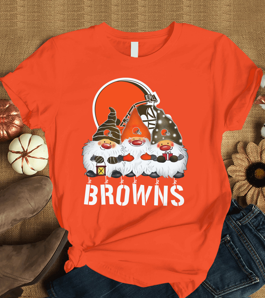 Cleveland Browns Merry Christmas Happy Holidays with Gnome Trio and Football Helmets T-Shirt