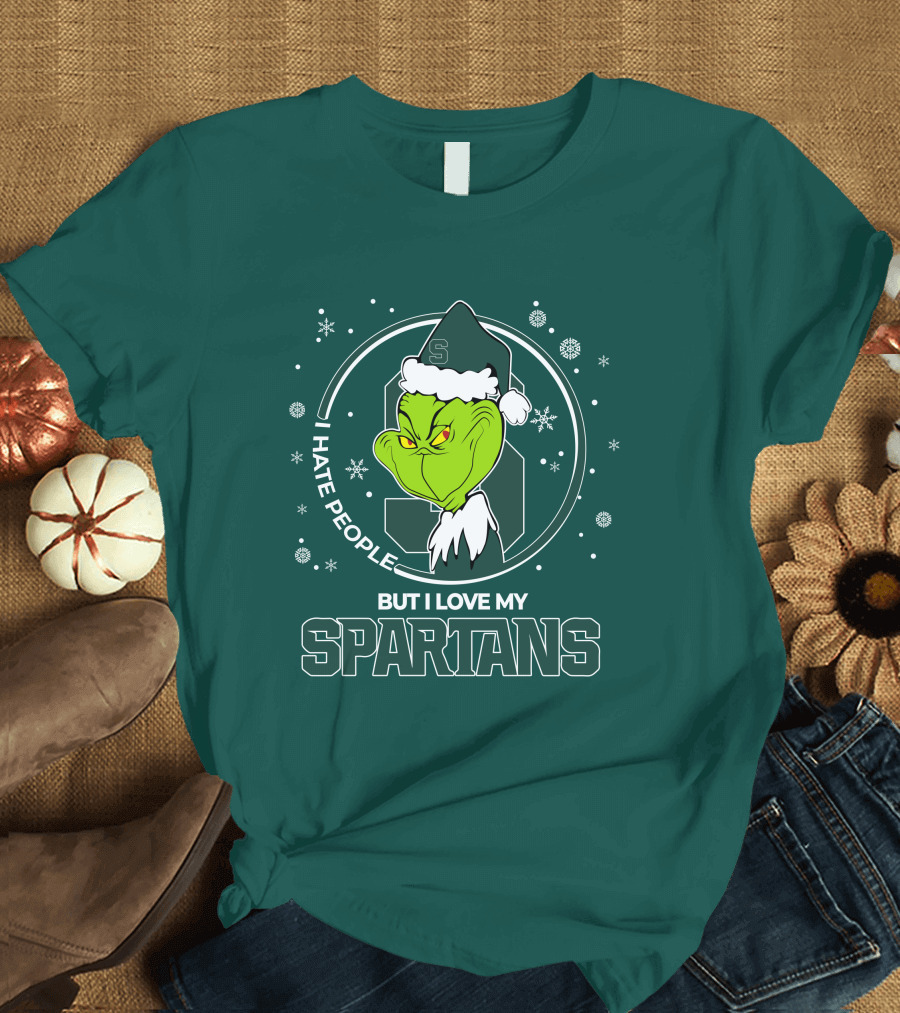 Christmas Grinch Santa I Hate People But I Love My Spartans T-Shirt