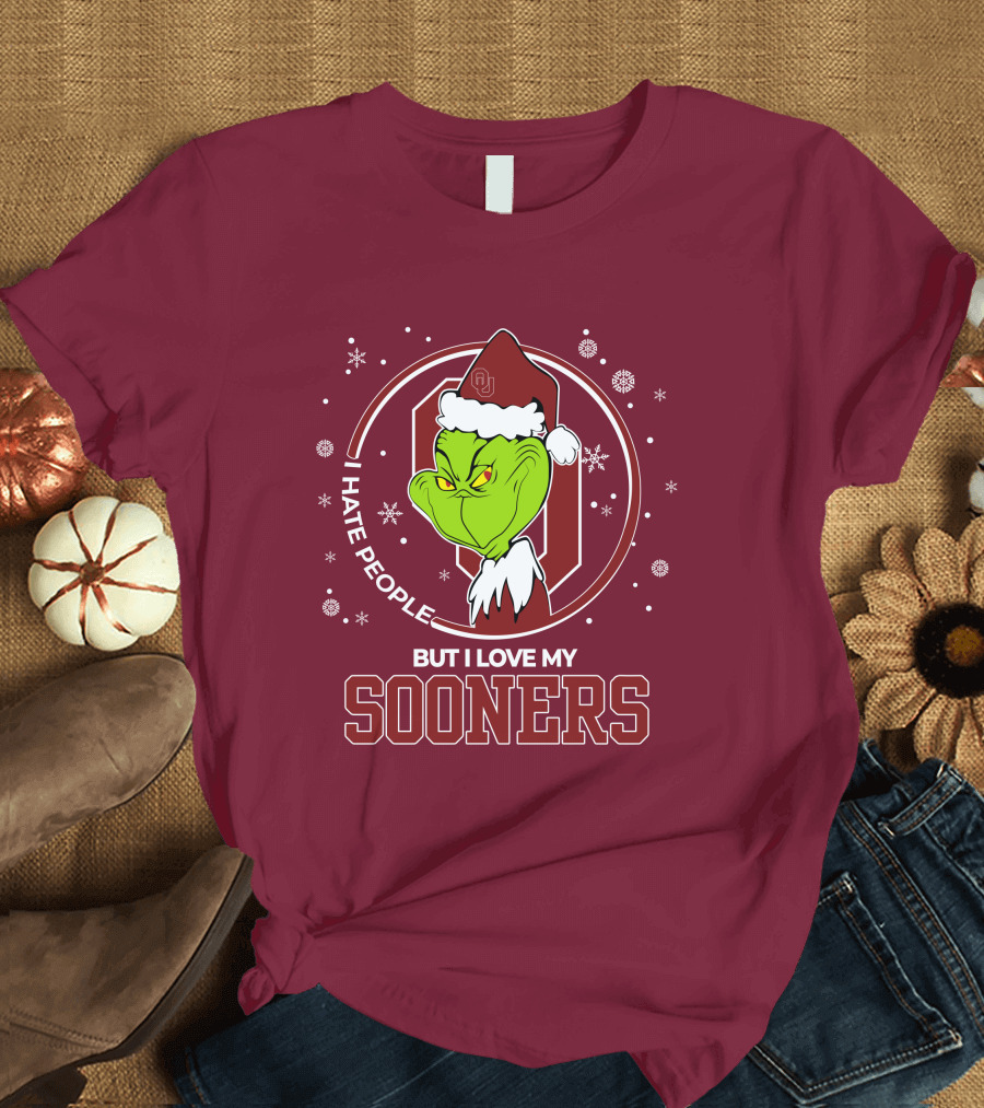 I Hate People But I Love My Sooners Grinch Christmas Santa T-Shirt