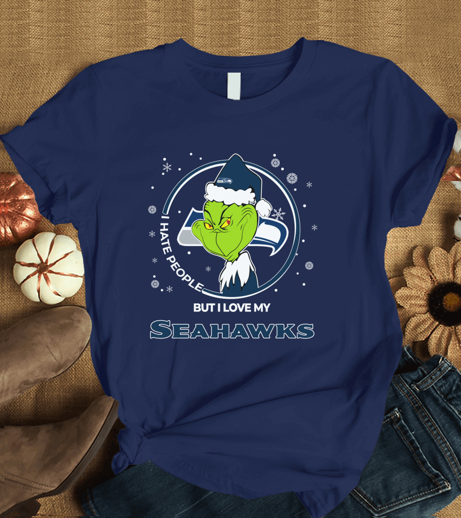 Christmas Grinch Santa I Hate People But I Love My Seahawks T-Shirt