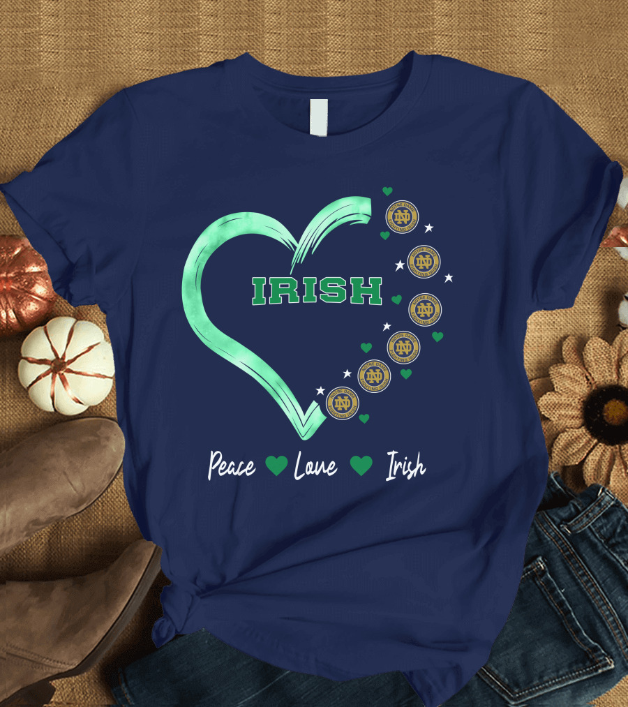 Peace Love Irish Notre Dame Fighting Irish Logos and Heart T-Shirt