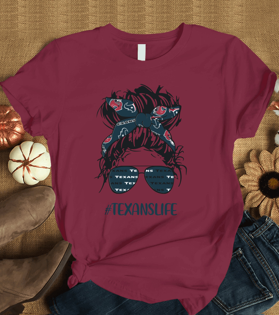 Houston Texans Hashtag Texanslife Messy Bun Headband Glasses T-Shirt