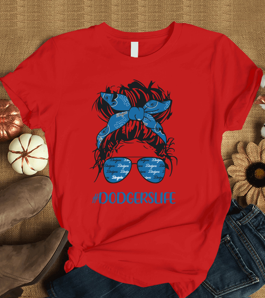 DODGERSLIFE Messy Bun Girl With Dodgers Headband And Glasses T-Shirt