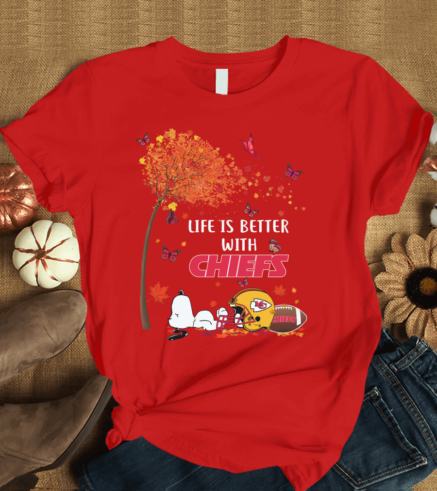 Life Is Better with Chiefs Fall Football Theme Snoopy and Butterflies T-Shirt