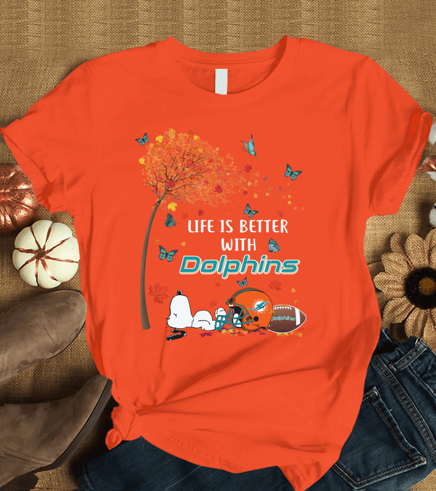 Life is Better with Dolphins Miami Football Autumn Tree Snoopy Butterflies T-Shirt