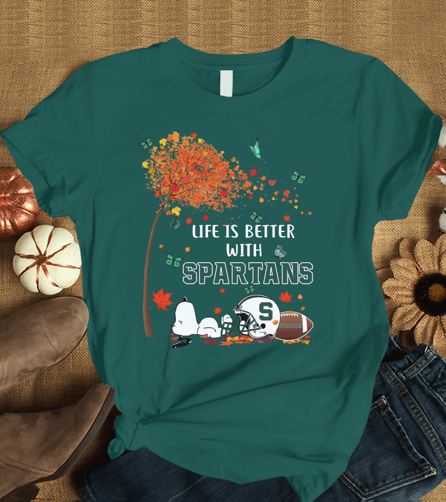 Life Is Better with Spartans Michigan State Football Autumn Leaves Butterflies T-Shirt