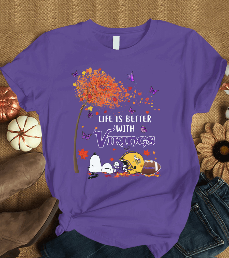 Life Is Better with Vikings Football and Autumn Leaves T-Shirt