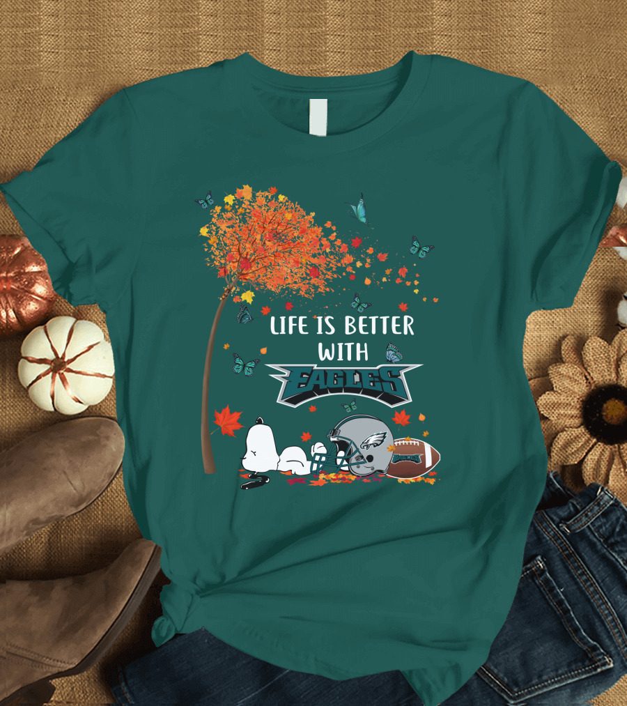 Life Is Better with Eagles Football Autumn Leaves and Butterflies T-Shirt