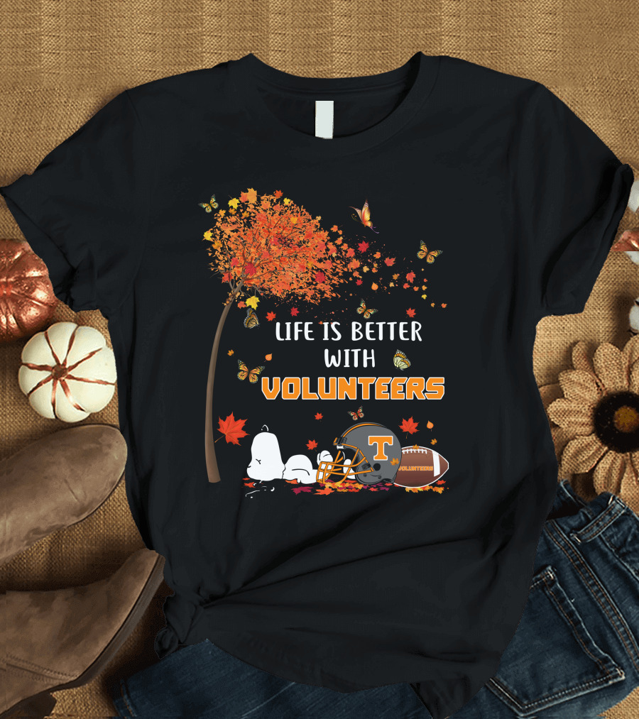 Life is Better with Volunteers Tennessee Football Autumn Leaves and Butterflies T-Shirt