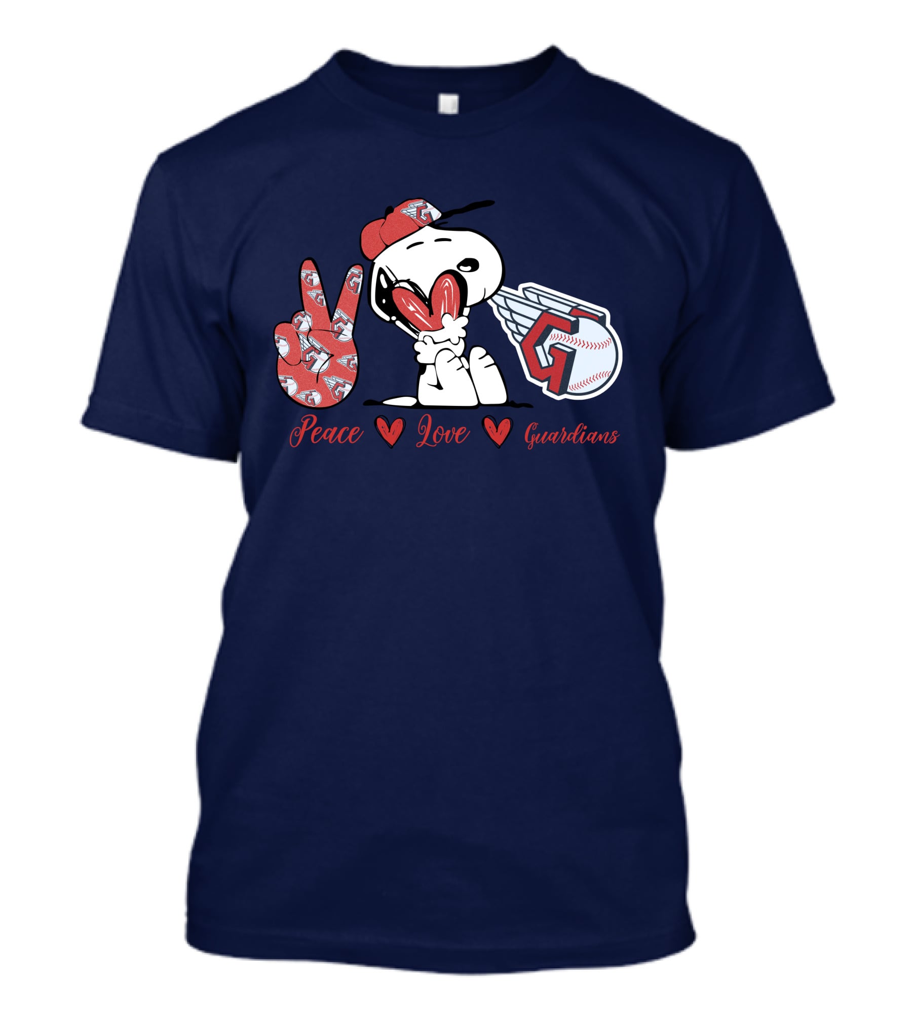Snoopy Peace Love Cleveland Guardians Baseball Iconic Imagery With Red Heart And Cap T-Shirt