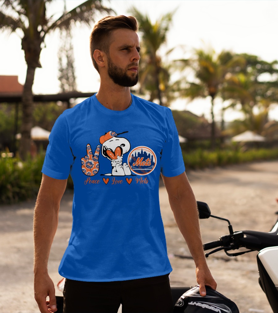 Snoopy Peace Love Mets New York City Skyline Baseball T-Shirt