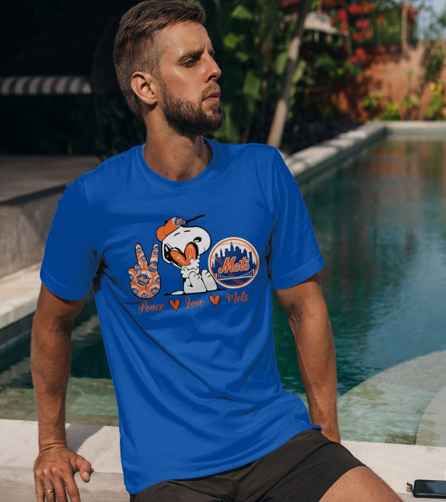 Snoopy Peace Love Mets New York City Skyline Baseball T-Shirt