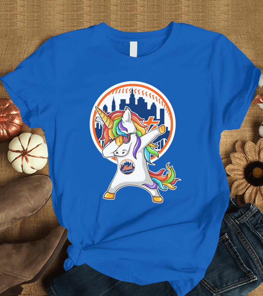 New York Mets Unicorn Dabbing Rainbow Skyline Baseball T-Shirt
