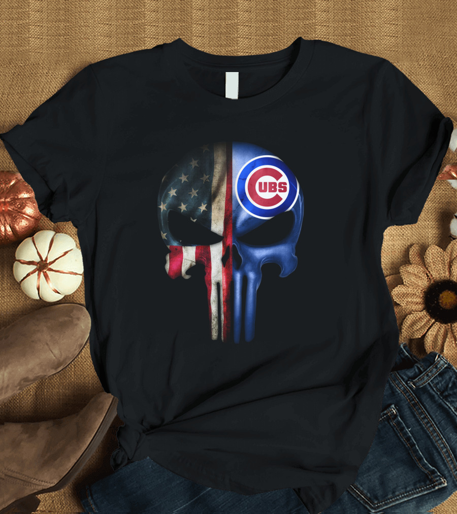 Chicago Cubs Punisher Skull American Flag T-Shirt