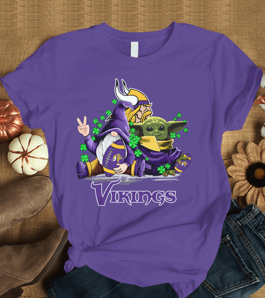 Leprechauns Gnomes Baby Yoda Hug Vikings Football Team T-Shirt