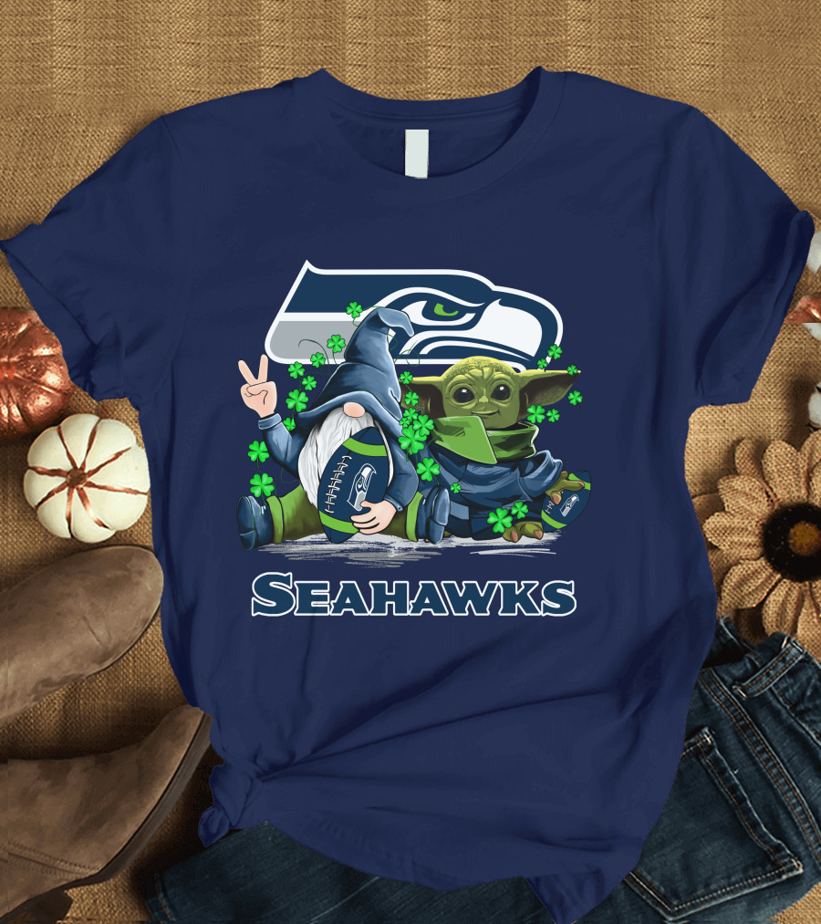 Leprechauns Gnomes Baby Yoda Seattle Seahawks Hug Football T-Shirt