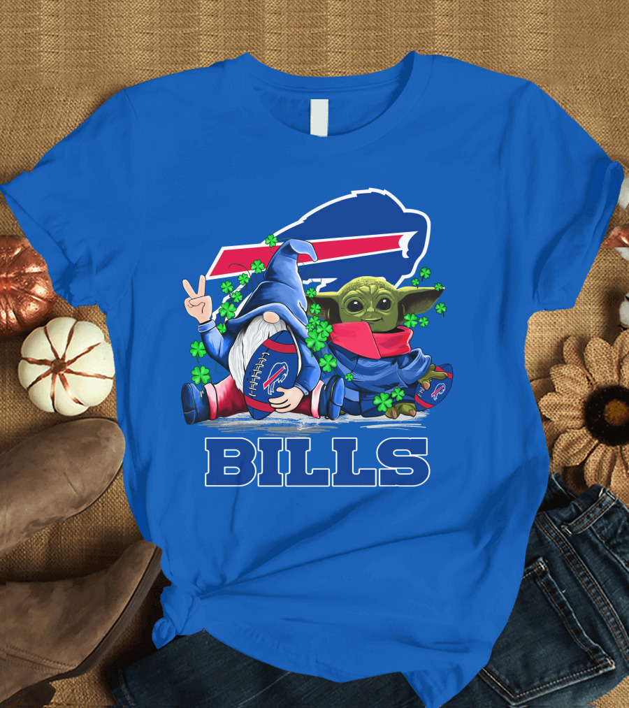 Leprechauns Gnomes Baby Yoda Hug Buffalo Bills Football Team Logo Shamrocks T-Shirt