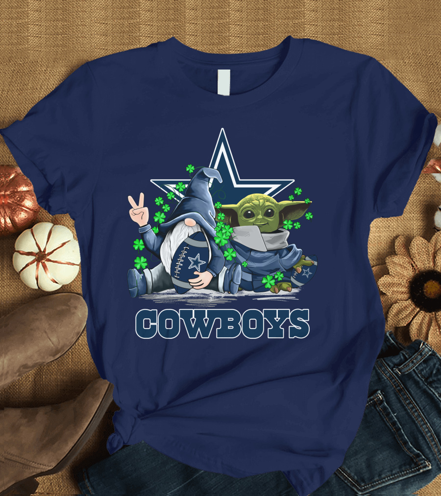 Leprechauns Gnomes Baby Yoda Hug Cowboys Star Clover Football T-Shirt