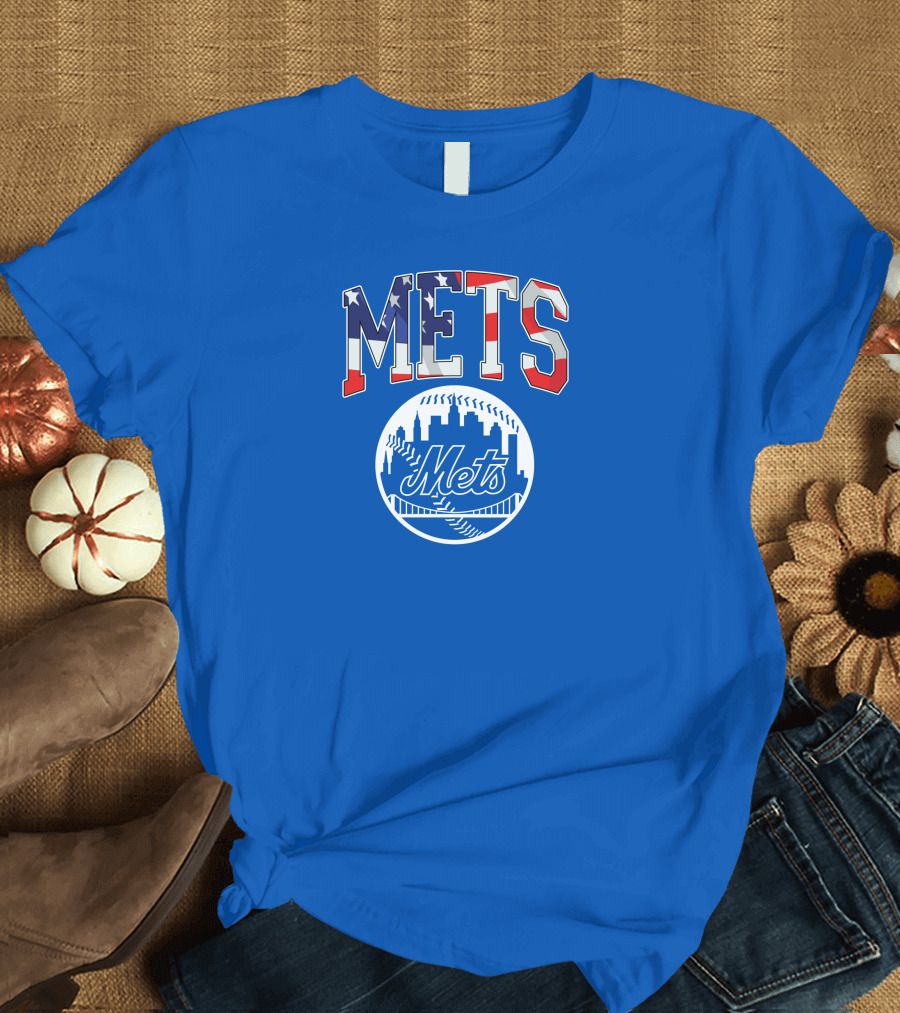 Mets American Flag Skyline Baseball T-Shirt
