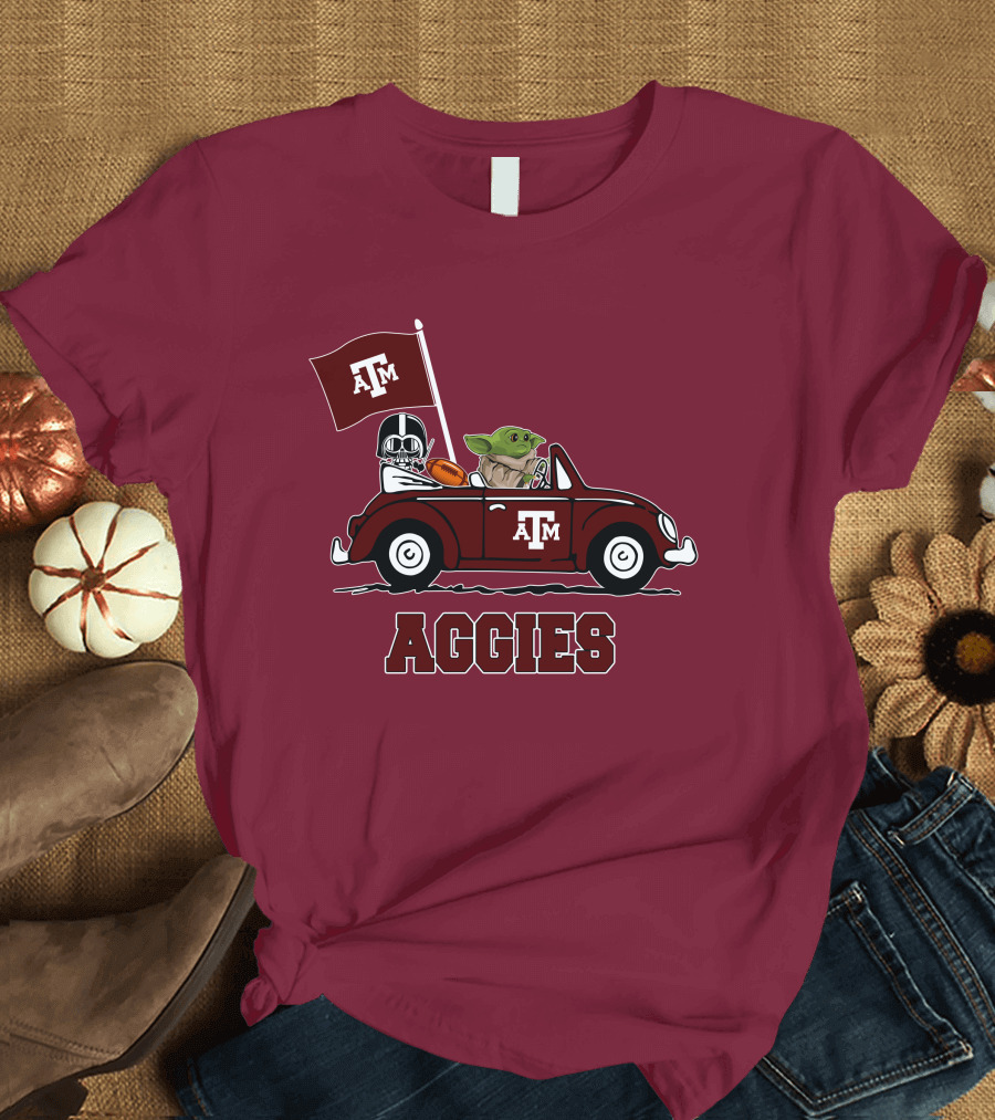 Aggies Star Wars Inspired Driving Scene with Football and Flag T-Shirt
