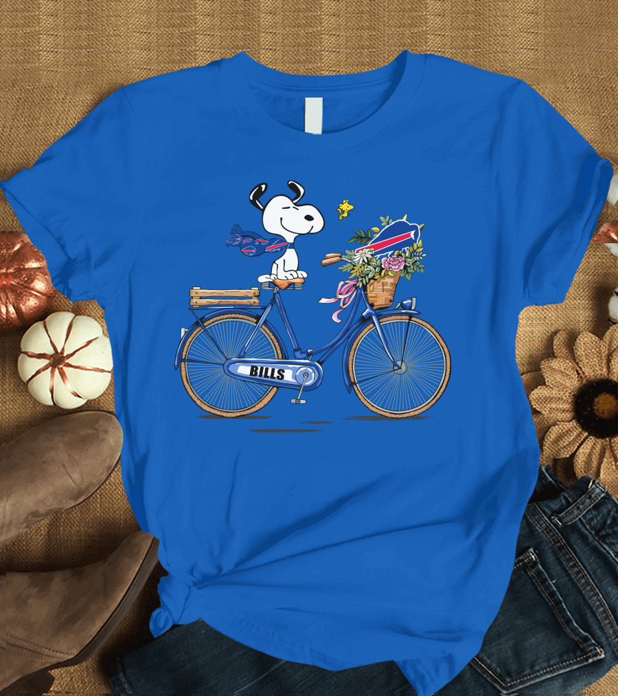 Buffalo Bills Snoopy Bicycle With Woodstock And Football Elements T-Shirt