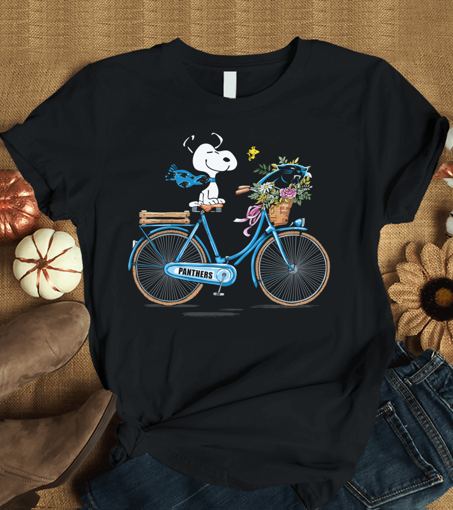 Panthers Snoopy on Bicycle with Flowers and Woodstock T-Shirt