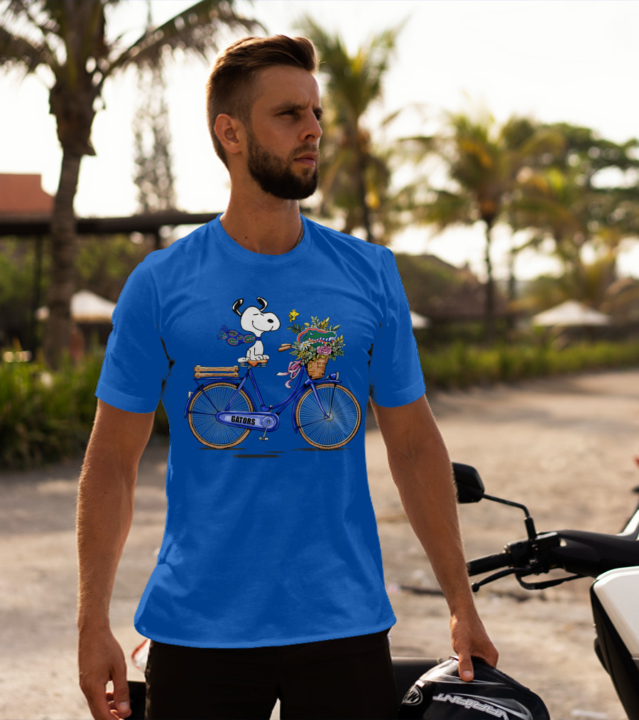 Snoopy Riding Gators Bike With Florida Gators Logo And Basket Of Flowers T-Shirt