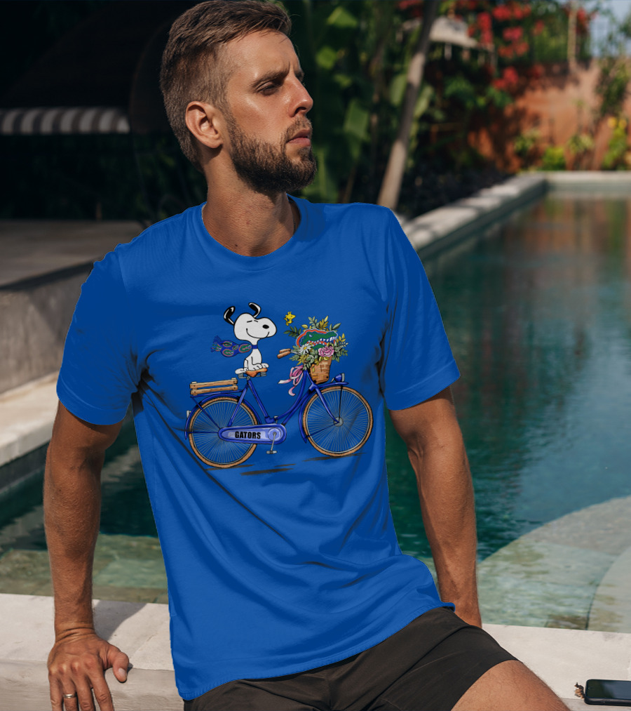 Snoopy Riding Gators Bike With Florida Gators Logo And Basket Of Flowers T-Shirt