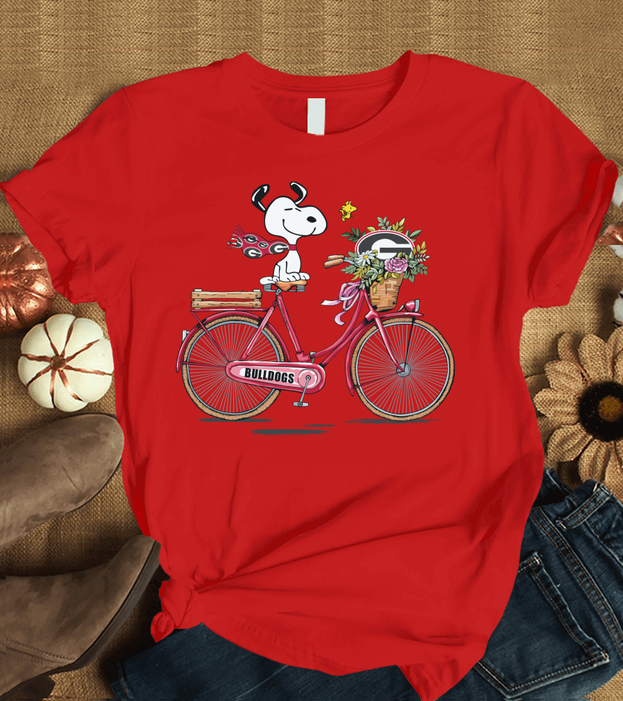 Georgia Bulldogs Snoopy Riding Bike with Flowers T-Shirt