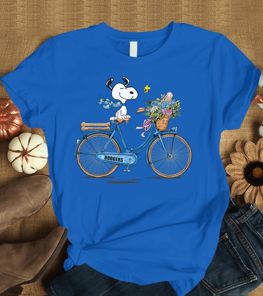 Los Angeles Dodgers Snoopy Riding Bicycle with Woodstock and Flowers T-Shirt