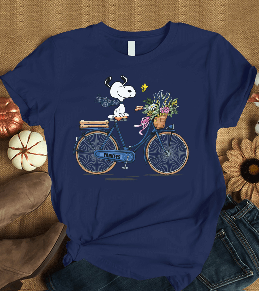 New York Yankees Snoopy on Bicycle with Woodstock and Flowers T-Shirt