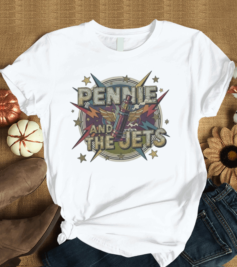Pennie And The Jets Retro Style Music Rocket Winged Stars T-Shirt