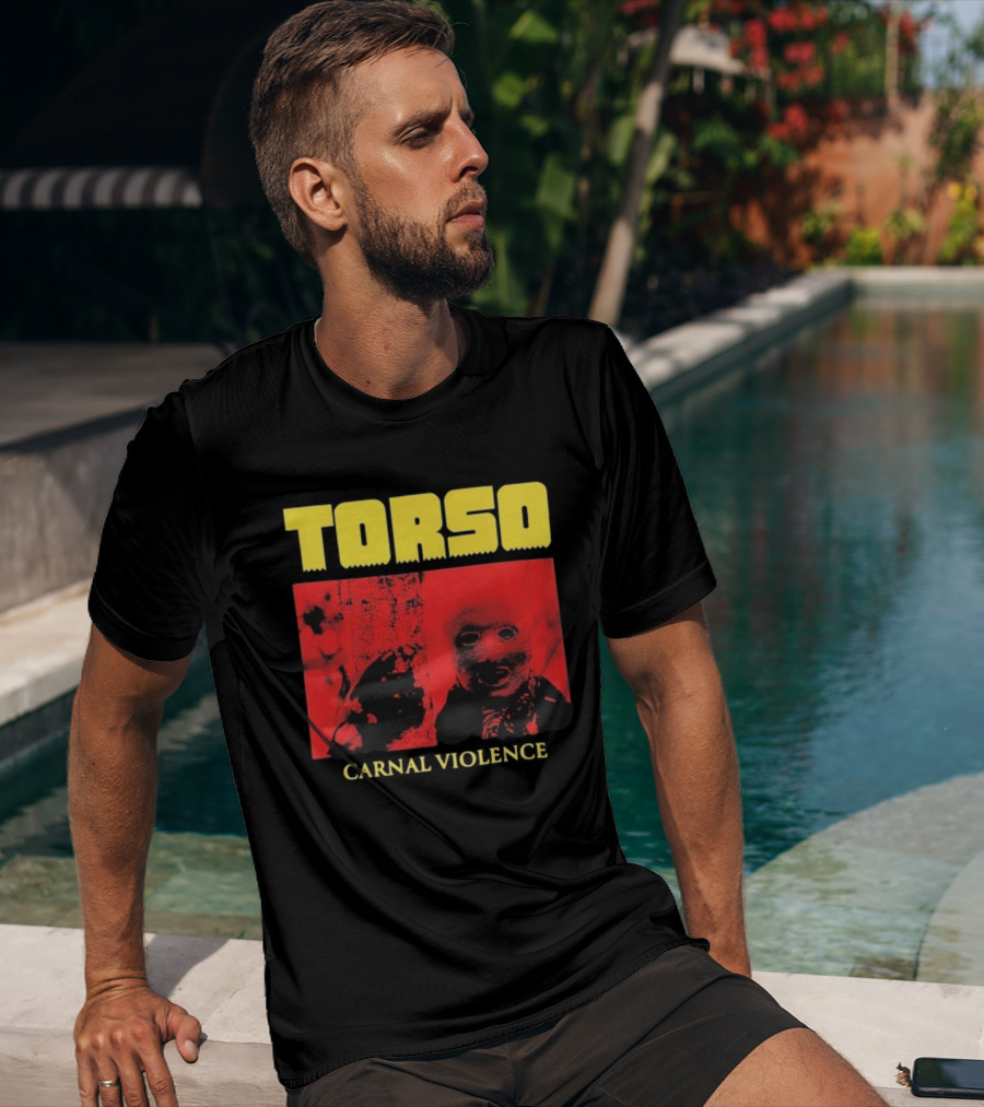 Torso Carnal Violence Horror Imagery Bold Yellow Text T-Shirt