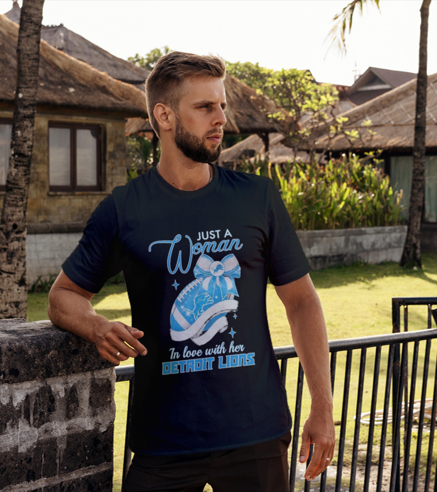 Just A Woman In Love With Her Detroit Lions Glittery Ribbon T-Shirt