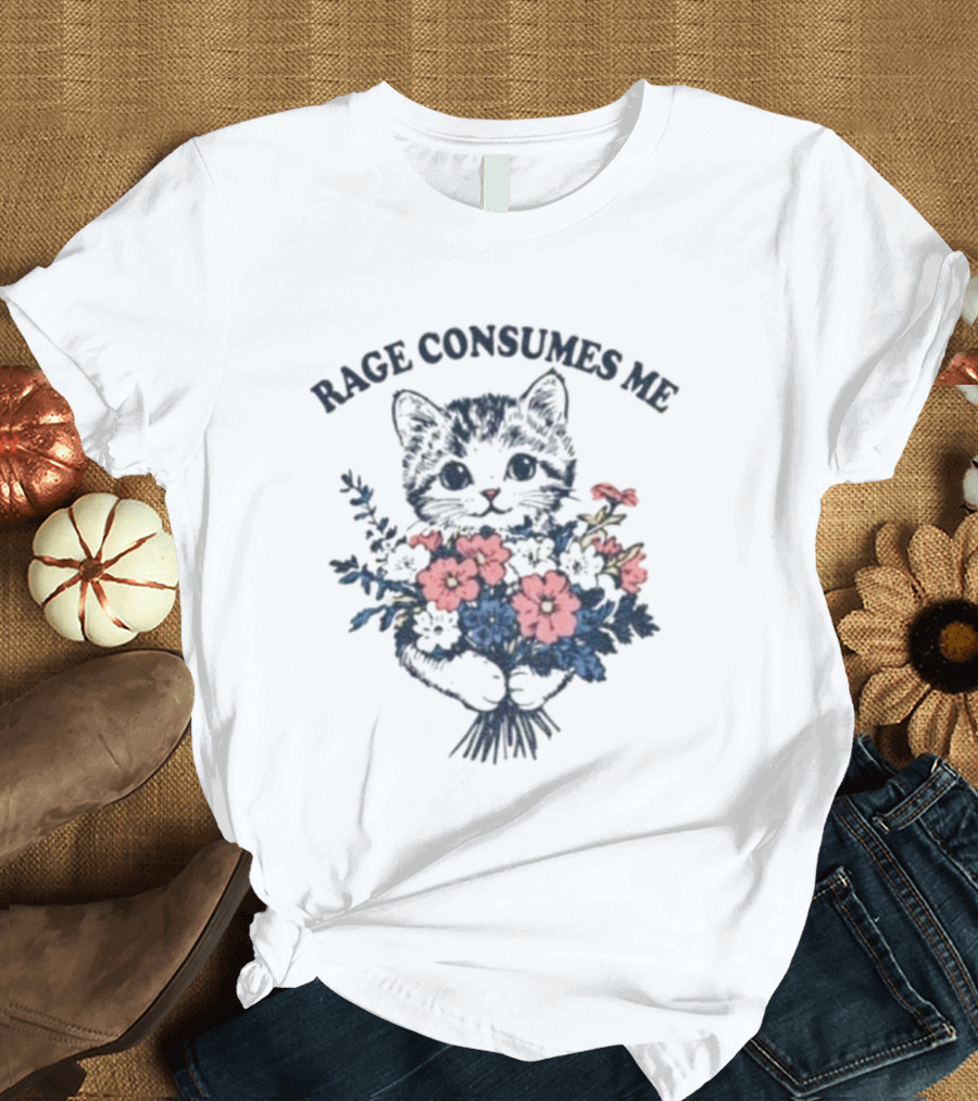 Rage Consumes Me Cat Holding Flower Vintage T-Shirt