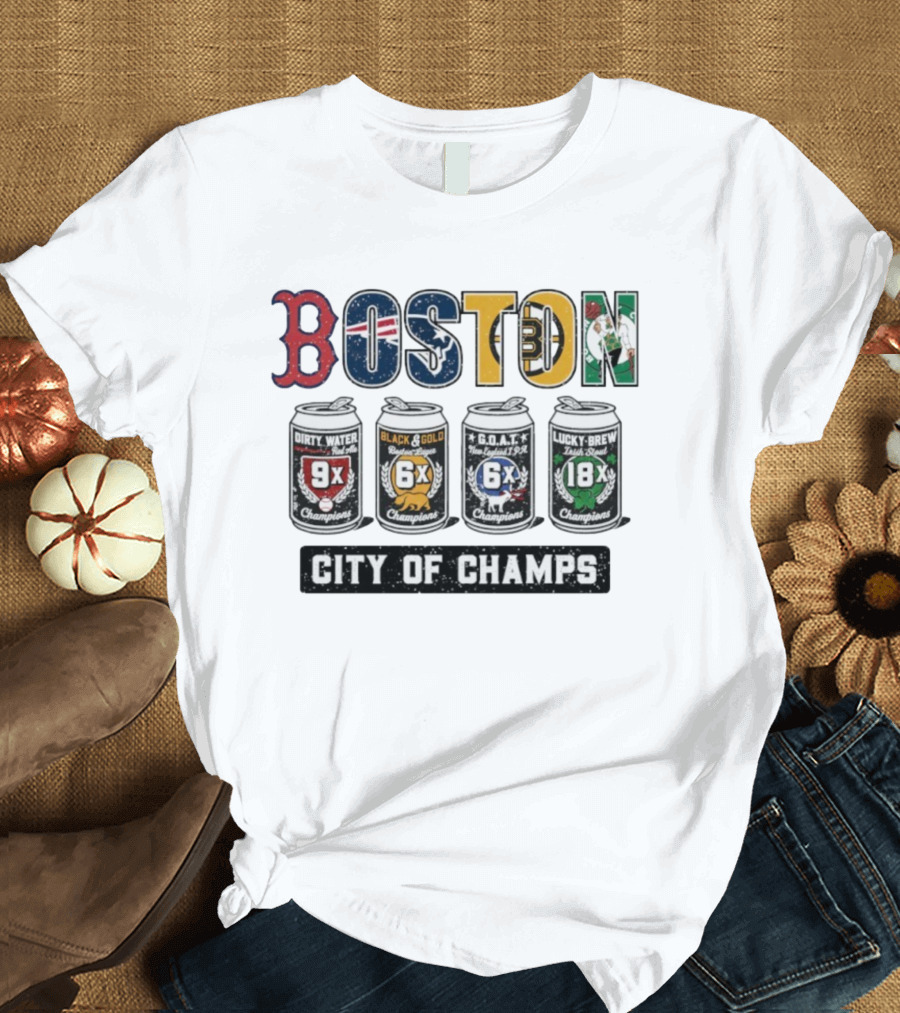 Boston City Of Champions Dirty Water Black Gold G.O.A.T Lucky Brew T-Shirt