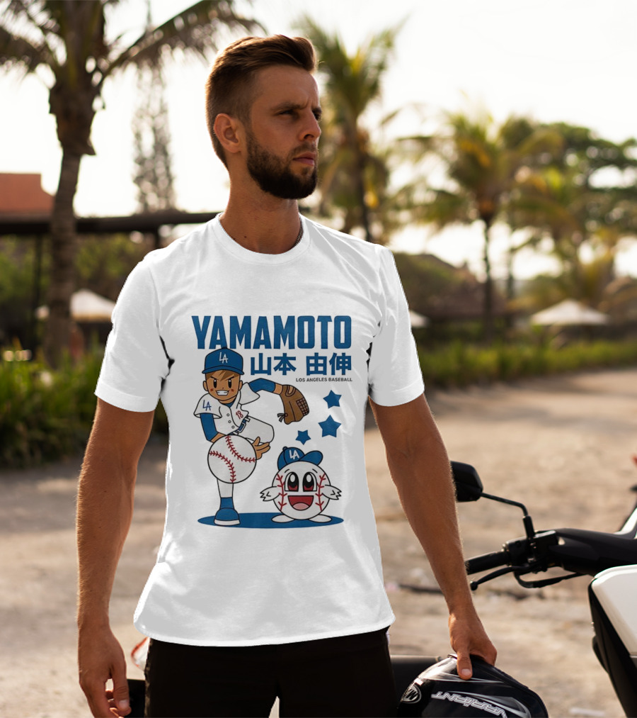 Yamamoto Los Angeles Dodgers Cartoon With Baseball Character And Stars T-Shirt