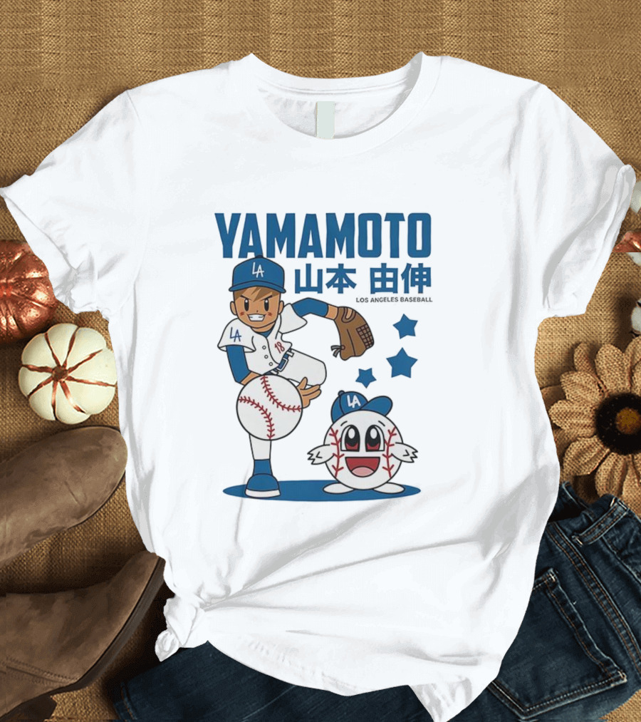 Yamamoto Los Angeles Dodgers Cartoon With Baseball Character And Stars T-Shirt