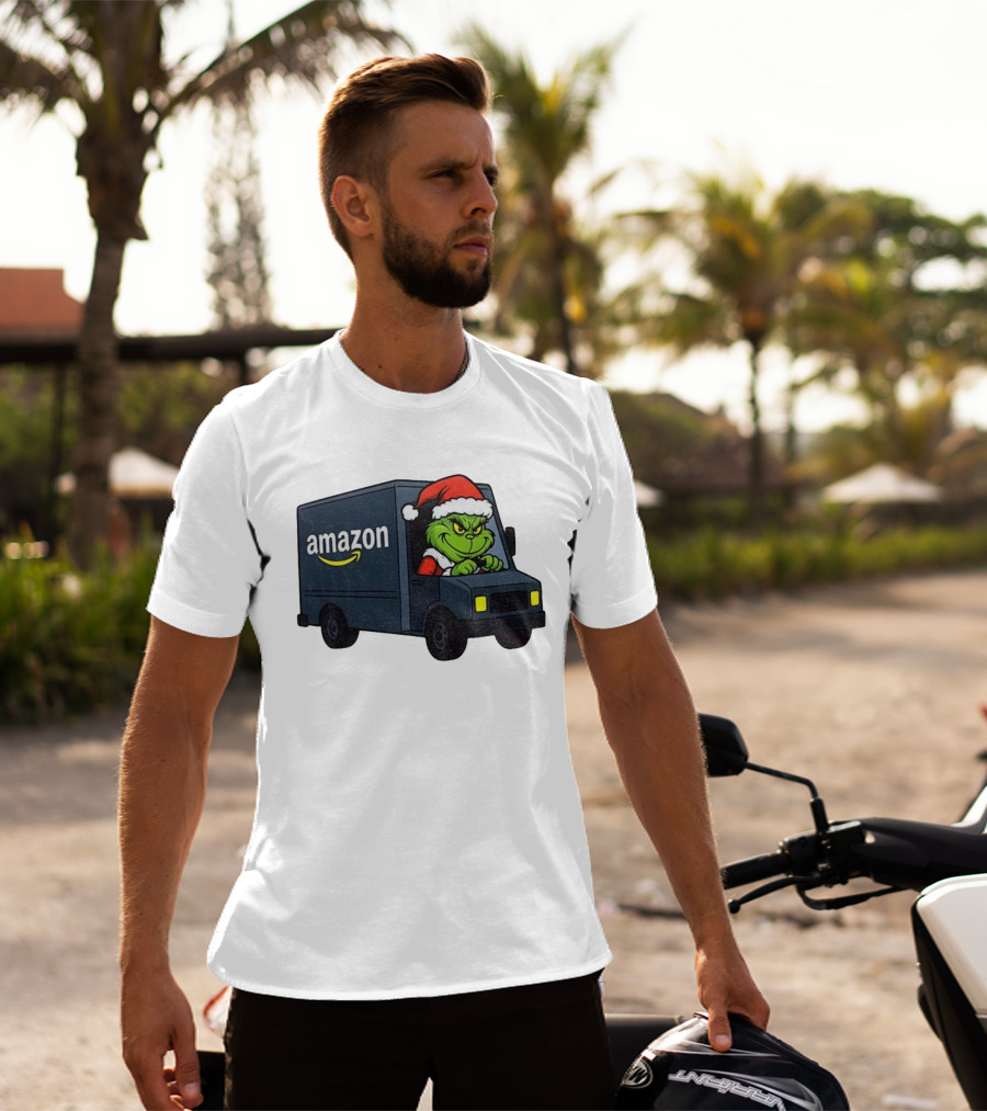 Grinch Santa Claus Driving Amazon Truck Merry Christmas Humor T-Shirt