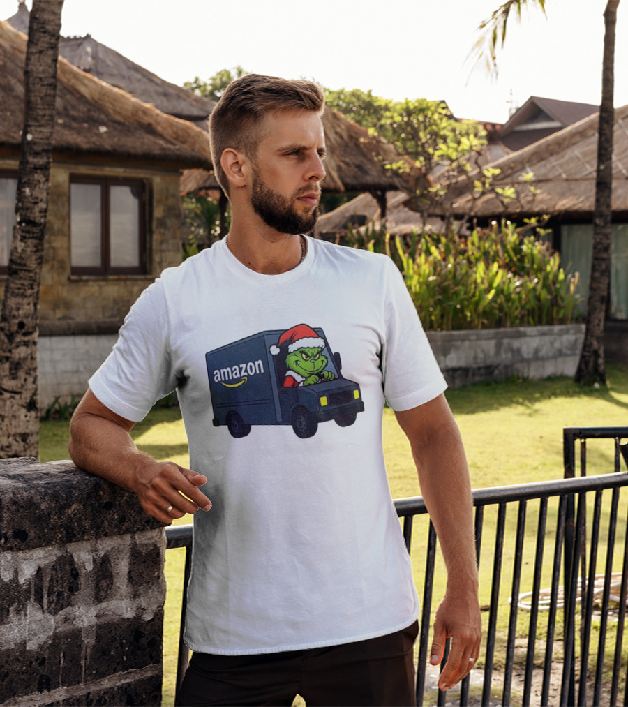 Grinch Santa Claus Driving Amazon Truck Merry Christmas Humor T-Shirt