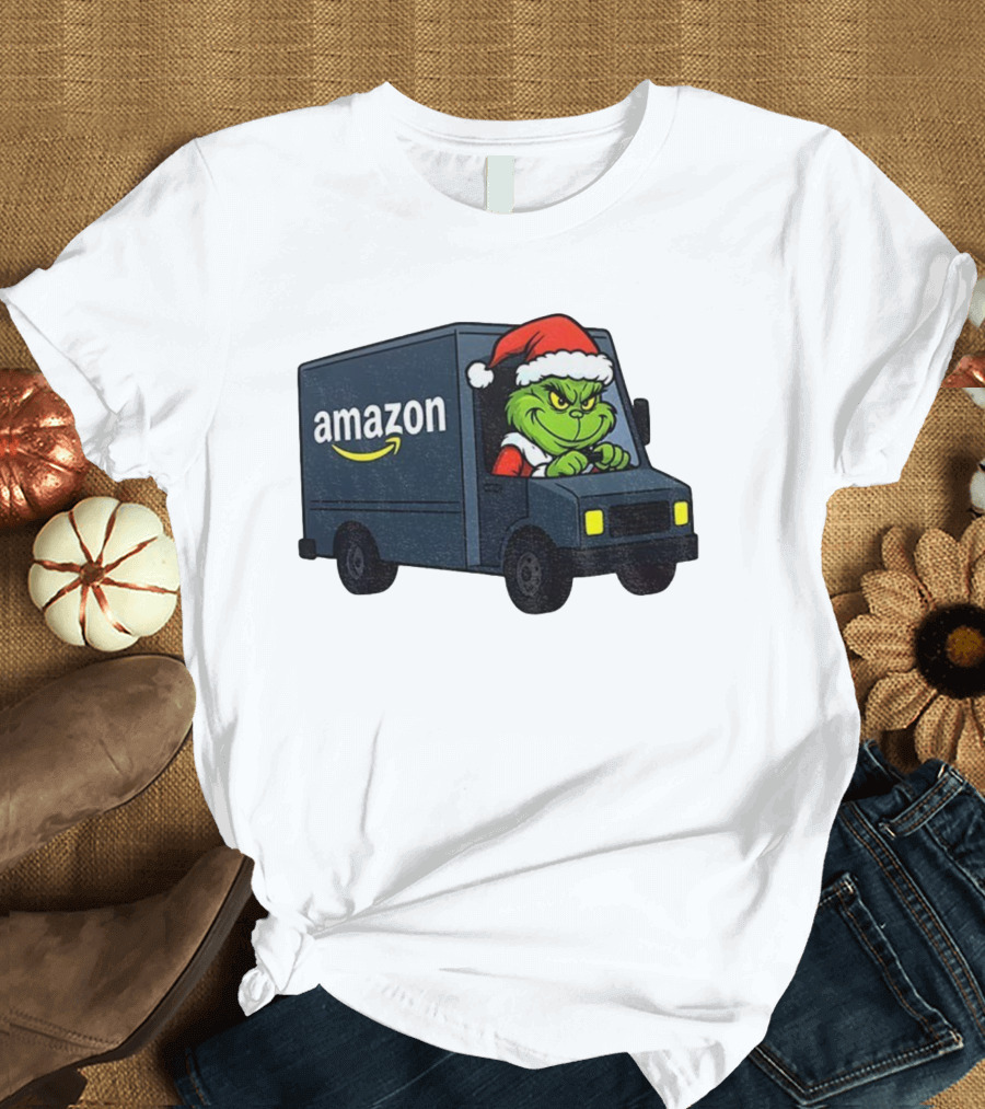 Grinch Santa Claus Driving Amazon Truck Merry Christmas Humor T-Shirt