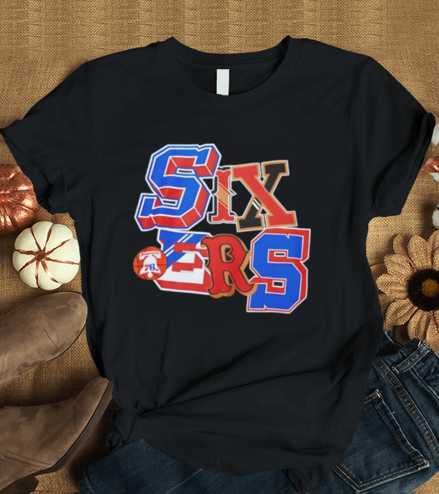 Philadelphia 76ers Hyper Type Mitchell and Ness Sixers Basketball Vintage Style T-Shirt