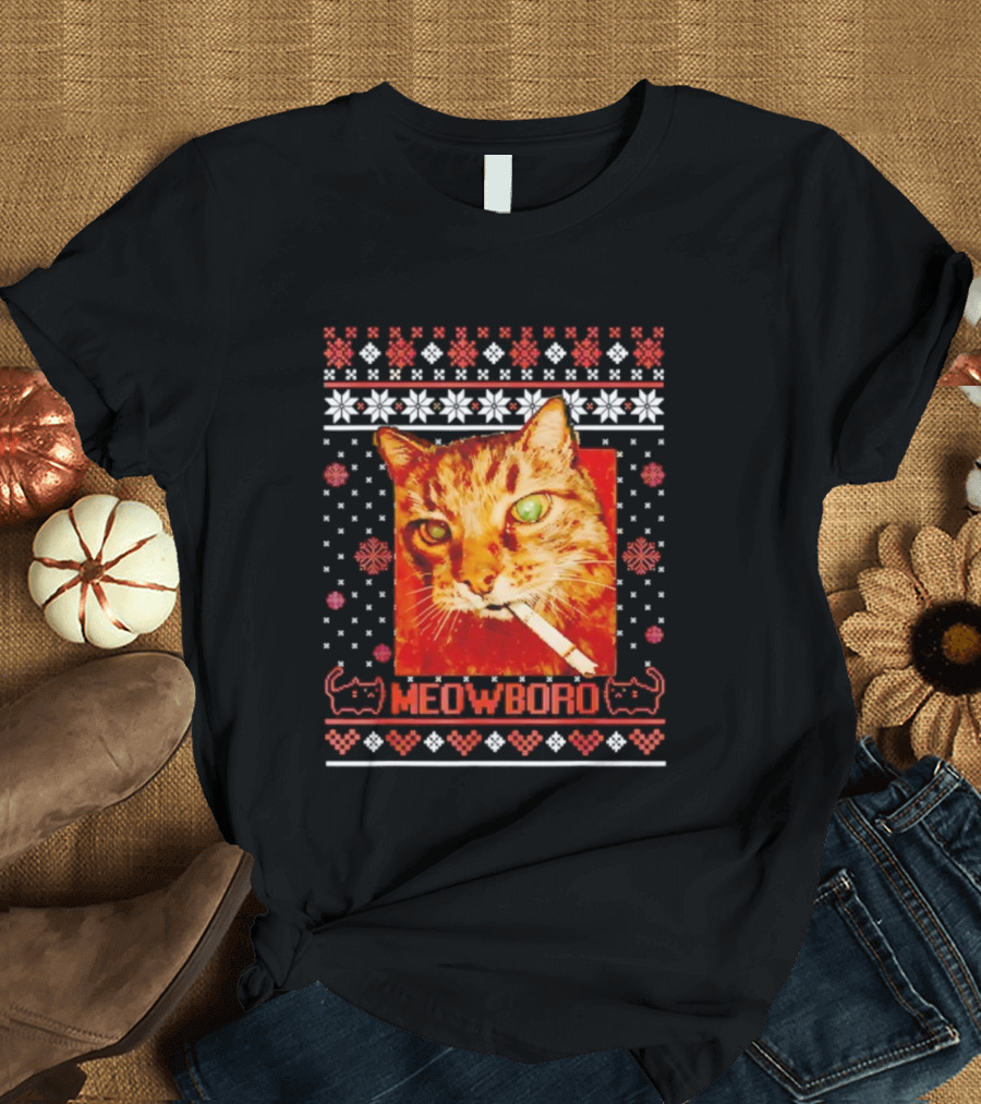Meowboro Smoking Cat Christmas Ugly Funny Holiday T-Shirt