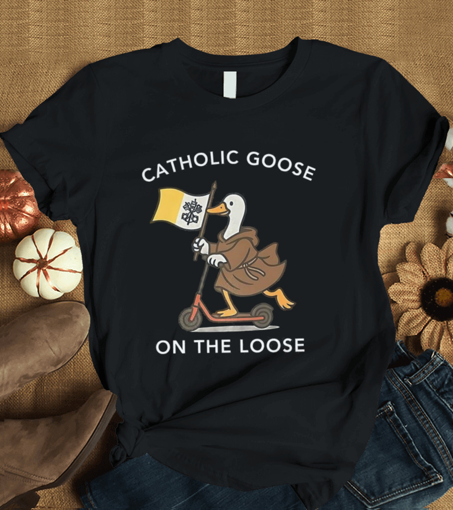Catholic Goose On The Loose Holding Flag Riding Scooter T-Shirt