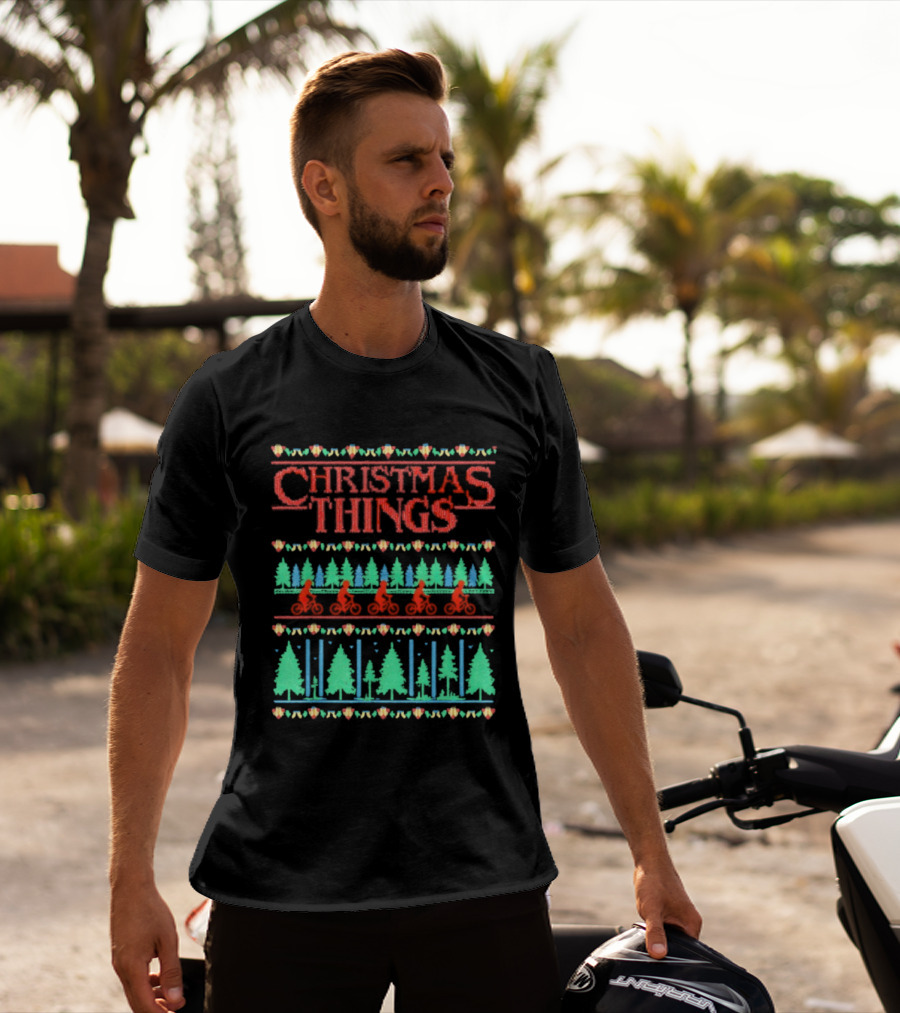 Christmas Things Holiday Sweater Lights And Bicycles Forest Theme T-Shirt