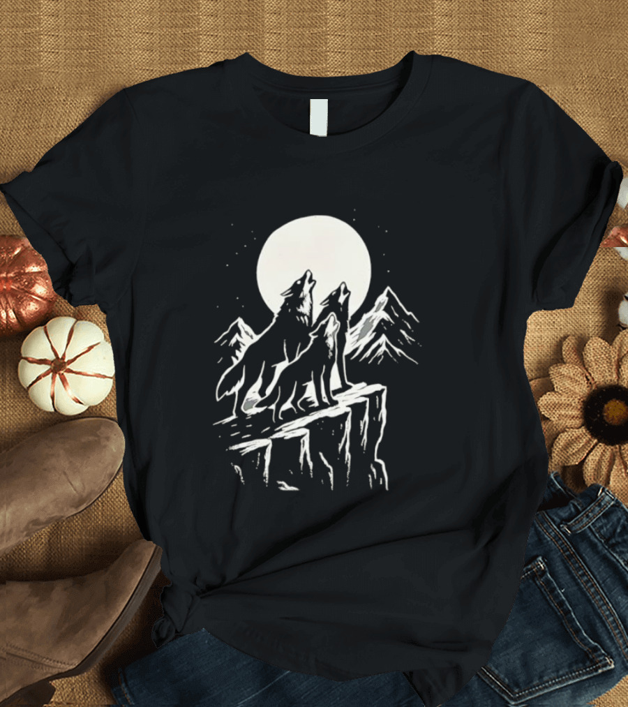 Howling Wolves Moonlit Mountains Black White T-Shirt